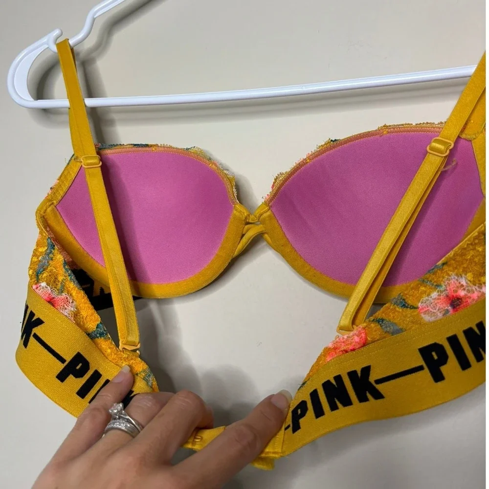 Victoria's Secret PINK Date Push-Up Bra Yellow Floral Lace Logo Band 32B